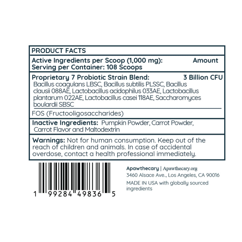 Apawthecary Probiotic and Prebiotic Supplement for Cats, 7 Strain Blend, 3 Billion CFU, Natural Pumpkin Carrot Flavor, Gut Health Support, 3.8 oz Powder with Measuring Scoop