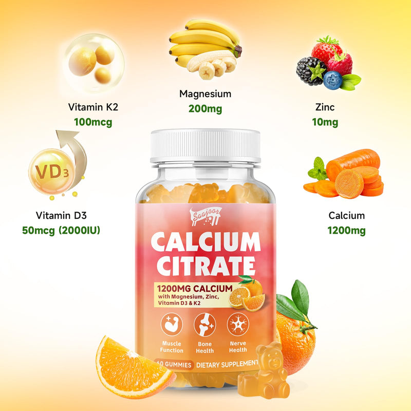 Calcium Citrate Gummies 1200 mg with Vitamin D3, K2, Magnesium, Zinc, Bone Support for Bones, Muscles & Joints,Immunity & Memory Support, 60 Count 1 Pack