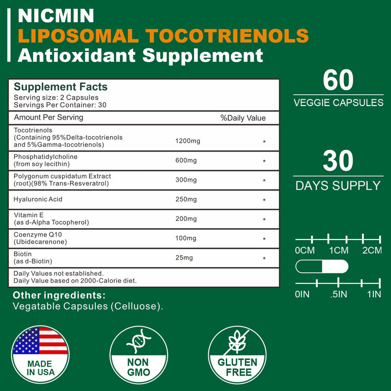 1200MG Vitamin E Tocotrienols Liposomal Tocotrienols Supplement with Phosphatidylcholine, 95% Delta-tocotrienols and 5% Gamma-tocotrienols, High Absorption for Heart, Brain Function 180 Capsules
