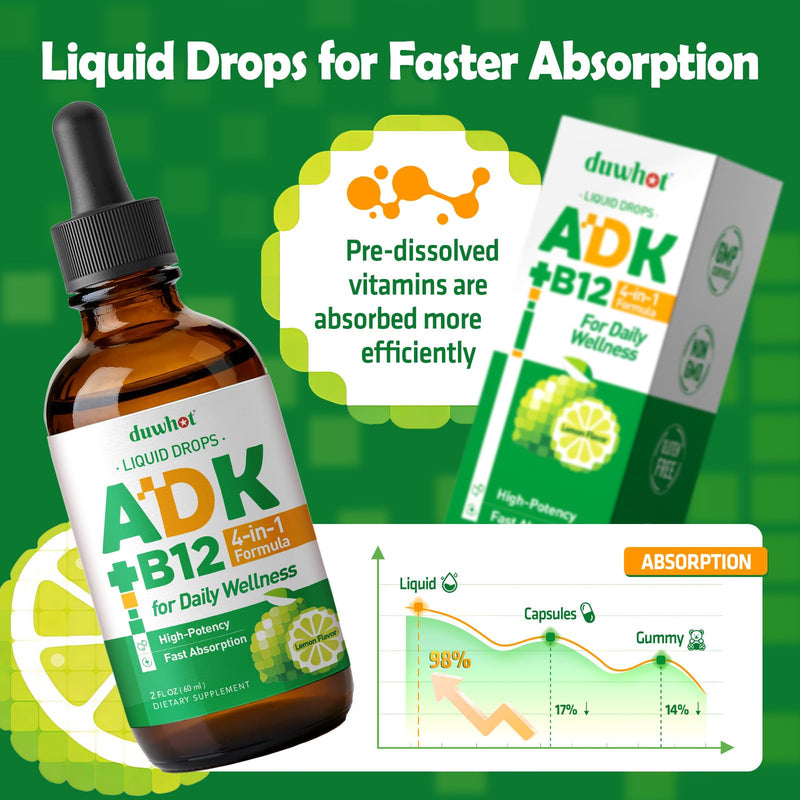 duwhot ADK + Vitamin B12 Liquid Drops, 2 Fl Oz | High Potency Vitamin A D3 K2 5000 IU / 10000 IU, B12 1000 mcg Supplement for Adults, Bone, Calcium Absorption
