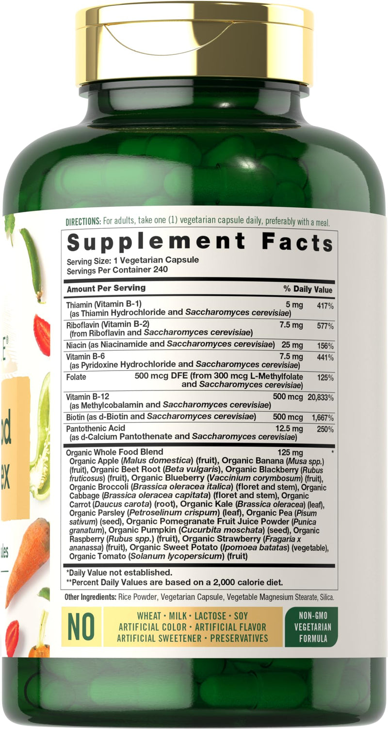 Carlyle Vitamin B Complex Whole Foods Blend | 240 Capsules | with B1, B2, B6, B12, Biotin, Niacin, and Methylfolate | Vegetarian, Non-GMO & Gluten Free Supplement