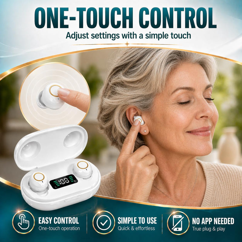 Rechargeable Hearing Amplifier for Seniors - Personal Sound Amplifier Device with Charging Case, Noise Reduction for TV Watching & Conversations, Easy Volume Control, Comfortable In-Ear PSAP (White) White