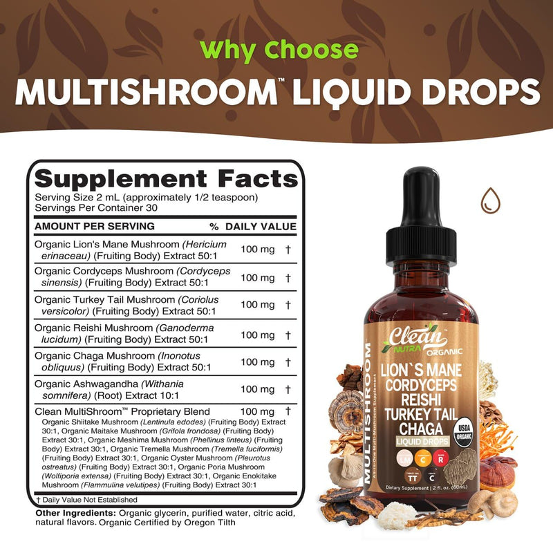 Organic Lions Mane Mushroom Supplement Liquid Drops + Turkey Tail Cordyceps Reishi Chaga Shitake Maitake Tremella Oyster Mushrooms Poria and Enokitake Complex Blend by Clean Nutra 1
