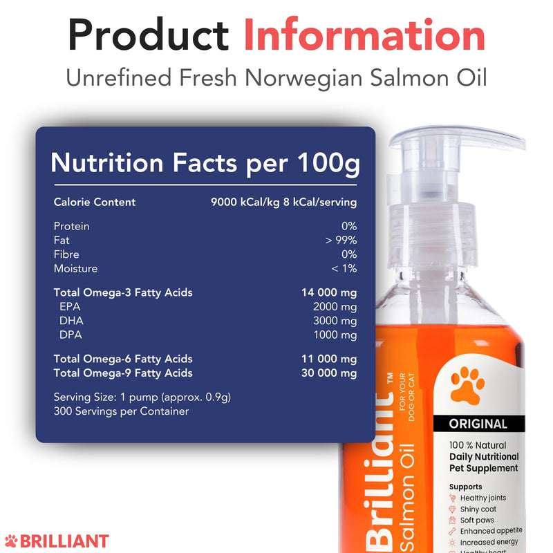 Brilliant Norwegian Salmon Oil for Dogs, Cats, Horse, Ferret - Pure Omega 3, 6 & 9 Fish Oil Food Treats Supplement for Natural Coat, Immune Support, Itchy Skin, Joint & Brain Health - 2x300ml 300 ml (Pack of 2)