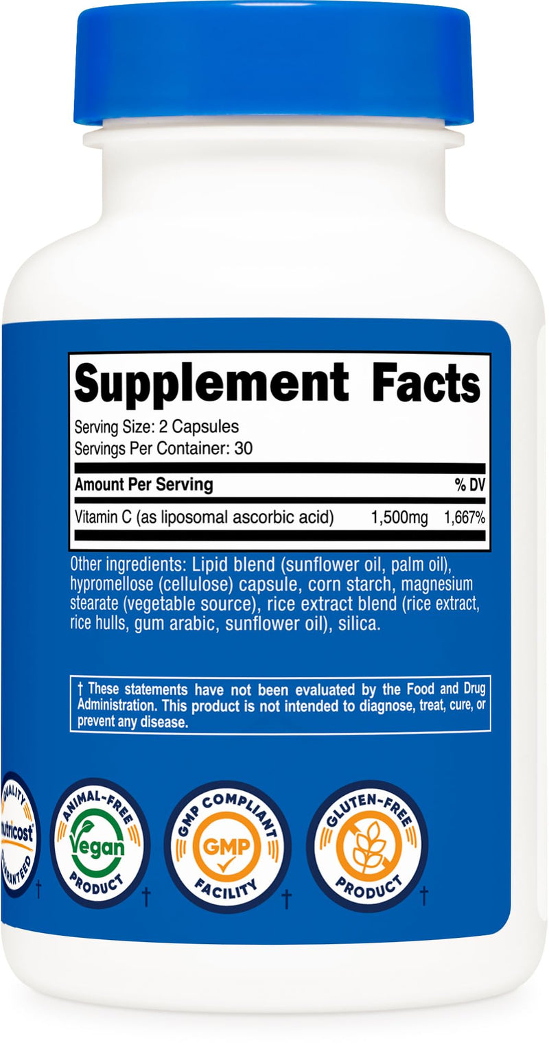 Nutricost Liposomal Vitamin C (1,500mg) 60 Capsules, High Absorption | Vegan, Gluten-Free, 30 Servings 60 Count (Pack of 1)