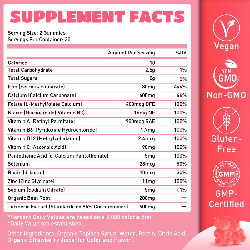 2 Pack Iron Gummies for Men and Women, Energize, Combat Fatigue, Support Anemia Recovery. Packed with Iron, Folate, Vitamin C, in Vegan Strawberry Flavor, 120 Gummies 60 Count (Pack of 2)
