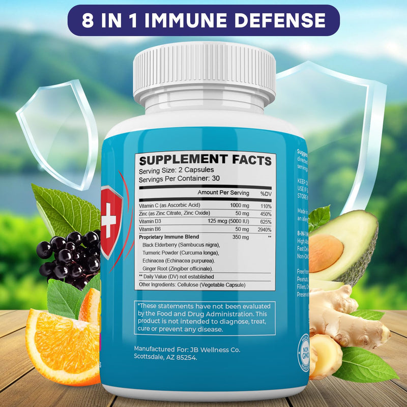 JB Wellness Co Immune Support 8 in 1 Capsules - Zinc Supplement, Vitamin D3, Vitamin C and Elderberry - Immune Booster Supplement with Echinacea, Ginger Root, and Turmeric - [3-Pack, 180 Count] 180 Capsules (Pack of 3)