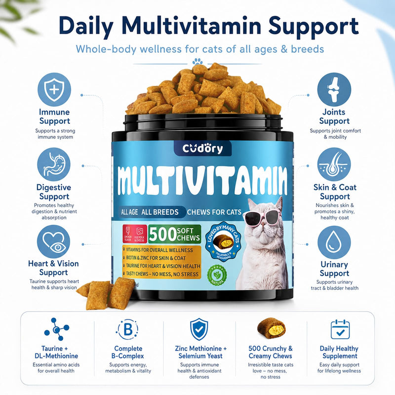 Taurine for Cats Vitamins Treats Snacks –15 in 1 Cat Multivitamin 500 Chews – Supports Immune, Joints, Digestion, Skin & Coat – Daily Healthy Supplement for Cats of All Ages (90-Day Supply)