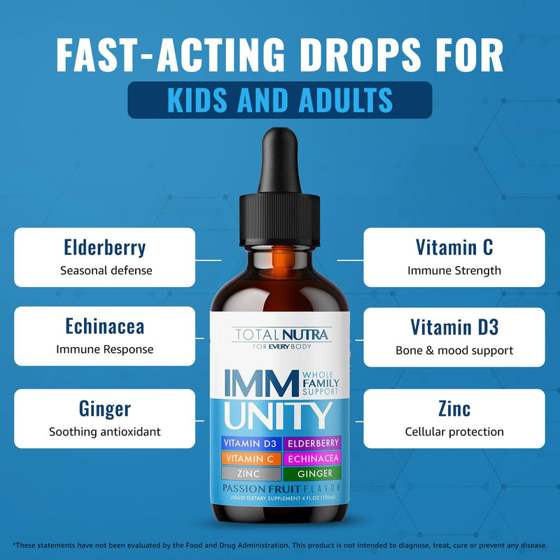 Total Immune 6-in-1 Liquid Multivitamin Supplement | 100% Daily Zinc, Vitamin D3, Vitamin C Immunity Drops Vitamin Liquid | Elderberry, Echinacea, Ginger Support for Adults & Kids | 4 oz Passion Fruit 4 Fl Oz (Pack of 1)