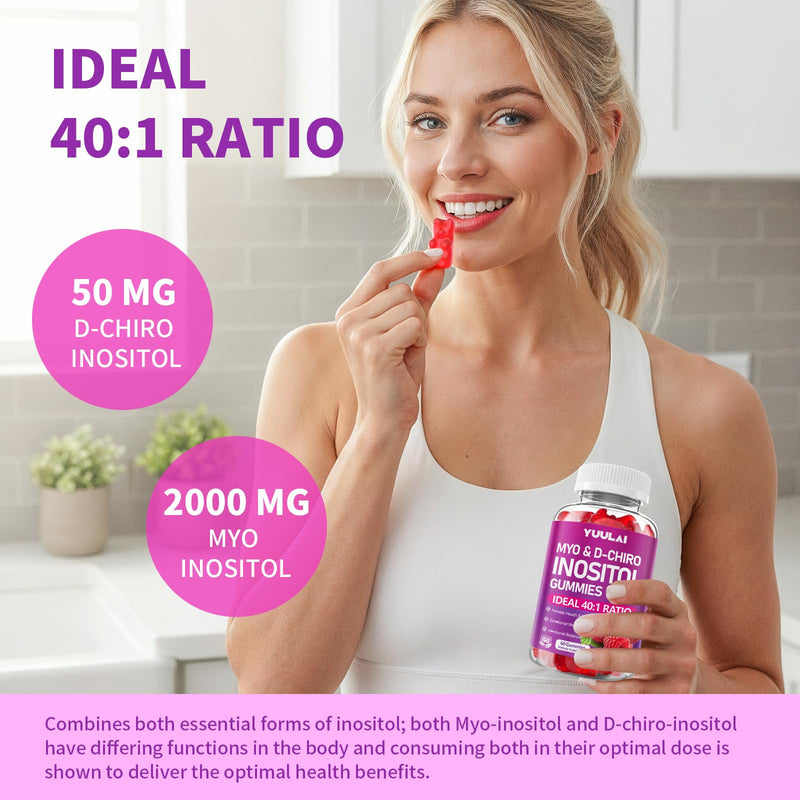 Myo-Inositol & D-Chiro Inositol Gummies, 40:1 Ratio Inositol Supplement with Vitamin D3, Magnesium Glycinate, Folate & Zinc, for Female Health & Wellness, Raspberry Flavor, 60 Count 60 Count (Pack of 1)