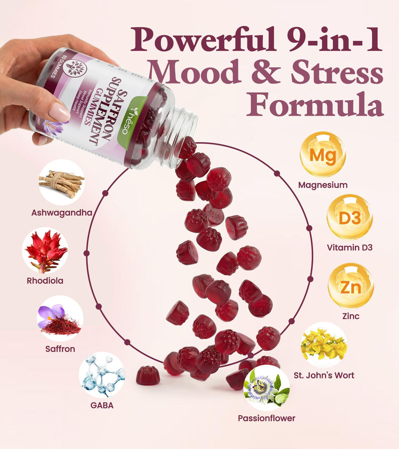 Saffron Gummies with Ashwagandha, Rhodiola & GABA – Sugar Free Mood & Stress Support Supplement with Magnesium, Vitamin D3 & Zinc – Calm & Relaxation Blend, 60 Gummies (30 Servings) 60 Count (Pack of 1)