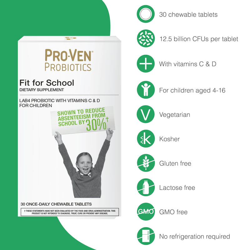 Pro-Ven Fit for School Kids Vitamins Kids Probiotic Chewable Tablets | 12.5 Billion CFUs with Vitamin C & D for Ages 4-16 | Strawberry Flavor | Vegetarian, Gluten & Lactose Free | 30 Daily Tablets