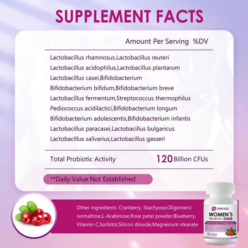 OMOGS 2PCS Women's Probiotic, with Cranberry Extract, Organic Prebiotics & Vitamin C, 120 Billion CFUs,18 Strains, Help for Boost Immune, Digestive, Gut Health & Women's Health, 240 Tablets 240 Count