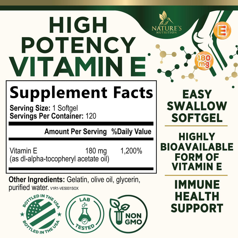 Vitamin E 180mg Per Serving - E Vitamins DL-Alpha, Antioxidant-Rich Dietary Supplement for Skin, Heart, and Immune Support, USA Bottled, Easily Absorbed, Non-GMO & Gluten Free - 120 Softgels 120 Count (Pack of 1)