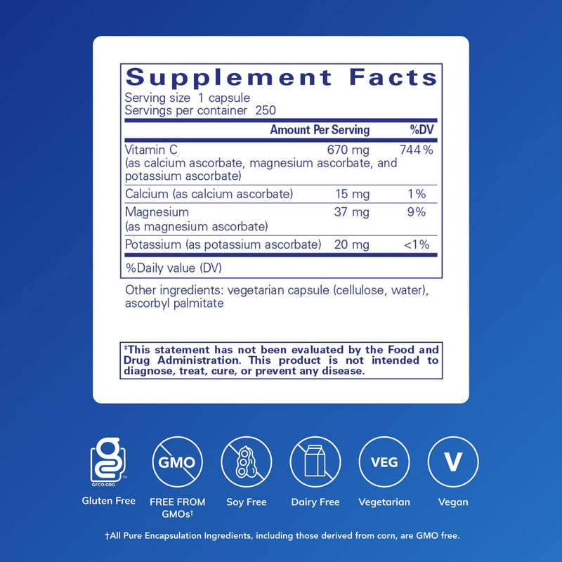 Pure Encapsulations Buffered Ascorbic Acid Capsules, 250 Capsules | Gentle Buffered Vitamin C for Sensitive Individuals*, Antioxidant and Immune Support*, Non-GMO 250 Count (Pack of 1)
