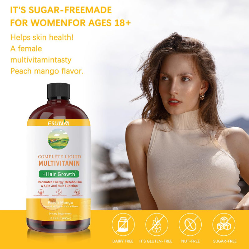 ESUNM Complete Liquid Multivitamin + Hair Growth, Promotes Energy Metabolism& Skin and Hair Function| Vitamin C D | B Vitamins | Help to Thicker Hair, Wrinkles, Fine Lines, Skin Care 8.11 Fl Oz (Pack of 1)