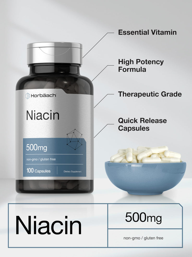 Horbäach Niacin | Vitamin B3 500mg | 100 Capsules | with Flushing | Non-GMO, and Gluten Free Supplement