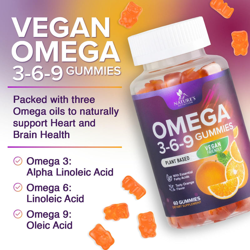 Omega 3 6 9 Gummies - Vegan Omega 3 Supplement Gummy - Essential Fatty Acids Oil 369 Complex Heart Support & Brain Support for Women, Men & Pregnancy, Fish Free Non-GMO, Orange Flavored - 60 Gummies 60 Count (Pack of 1)