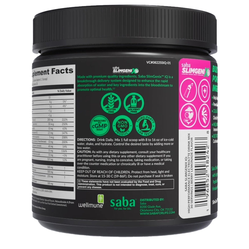 Saba SlimGenix IQ Electrolyte Powder Drink Mix – Hydration + Immune Support with Wellmune, Vitamin C & Zinc | Energy, Recovery & Daily Hydration | Berry Lemonade | 30 Servings
