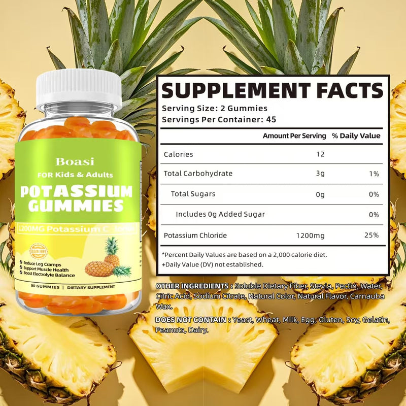90 Count 1200mg Potassium Chloride Gummies,Sugar Free Electrolyte Balance Gummies,Muscle Relief & Heart Health Potassium Supplement for Adults Women Men