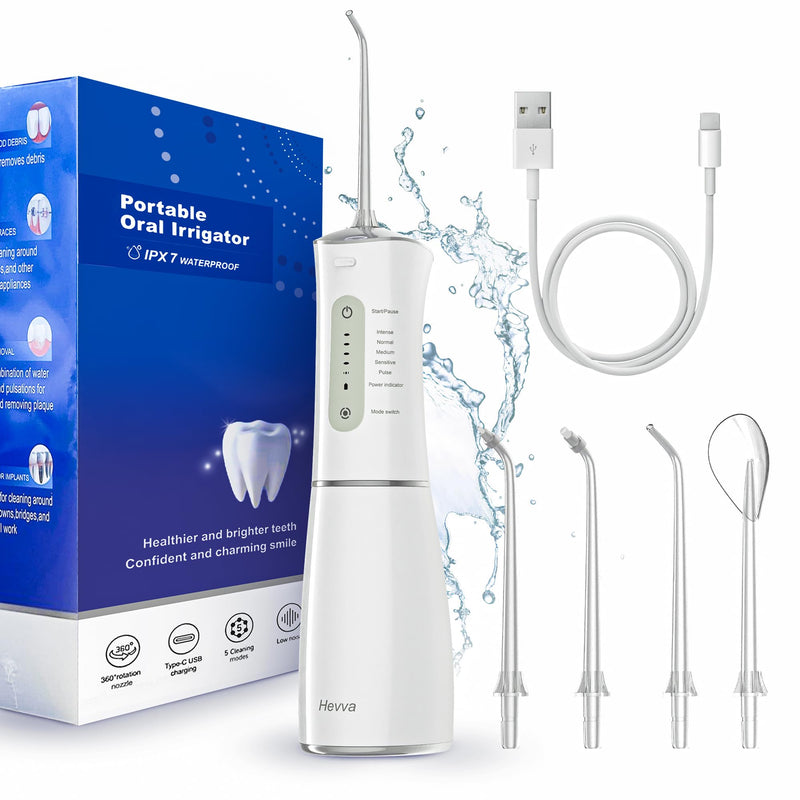 Water Flosser Cordless Oral Irrigator 300ML Detachable Water Tank Rechargeable Electric Dental Flosser 5 Modes Waterproof Teeth Cleaner Teeth Pick Portable for Braces & Sensitive Gums Travel – White