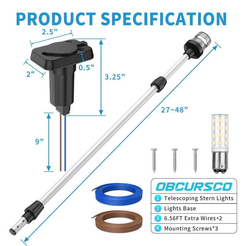 Obcursco Boat Stern Lights, Telescoping Pole 27"-48" LED Anchor Light with Base, 12V Adjustable 3NM 360° Navigation Lighting for Pontoon, Yacht, Bass, and Fishing Boats (27"-48", Silver) Silver 02 - BeesActive Australia