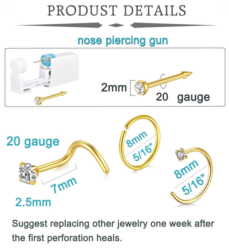 QWALIT 2pack Nose Ring Piercing Kit - Gold Nose Piercing Gun Kit B2-2packs gun-gold - BeesActive Australia