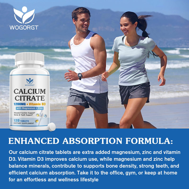 Calcium Citrate 1200mg Supplement with Vitamin D3 for Women & Men, 120Ct | WOGORGT - Calcium Citrate Tablets with Magnesium, Zinc, D3 Supplement, Bone, Teeth, Immune Support for Women & Men, Vegan 120 Count (Pack of 1)