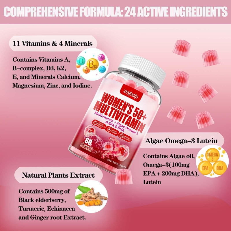 Womens Multivitamin 50 Plus Gummies - Methylated Multivitamins Gummy | with Vitamin A C D3 E K2, B Complex, Calcium, Magnesium, Zinc, Folate, Biotin - Multi Vitamins & Minerals - Sugar-Free Peach 60 Count (Pack of 2)