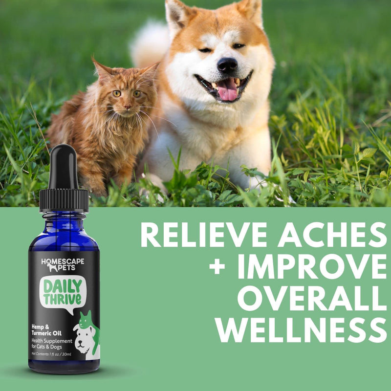 Homescape Pets - Daily Thrive - Hemp & Turmeric Oil for Cats & Dogs - Anti-Inflammatory, Calms Aches & Pain - Enhances Energy, Supports Immune System - with Organic Curcumin