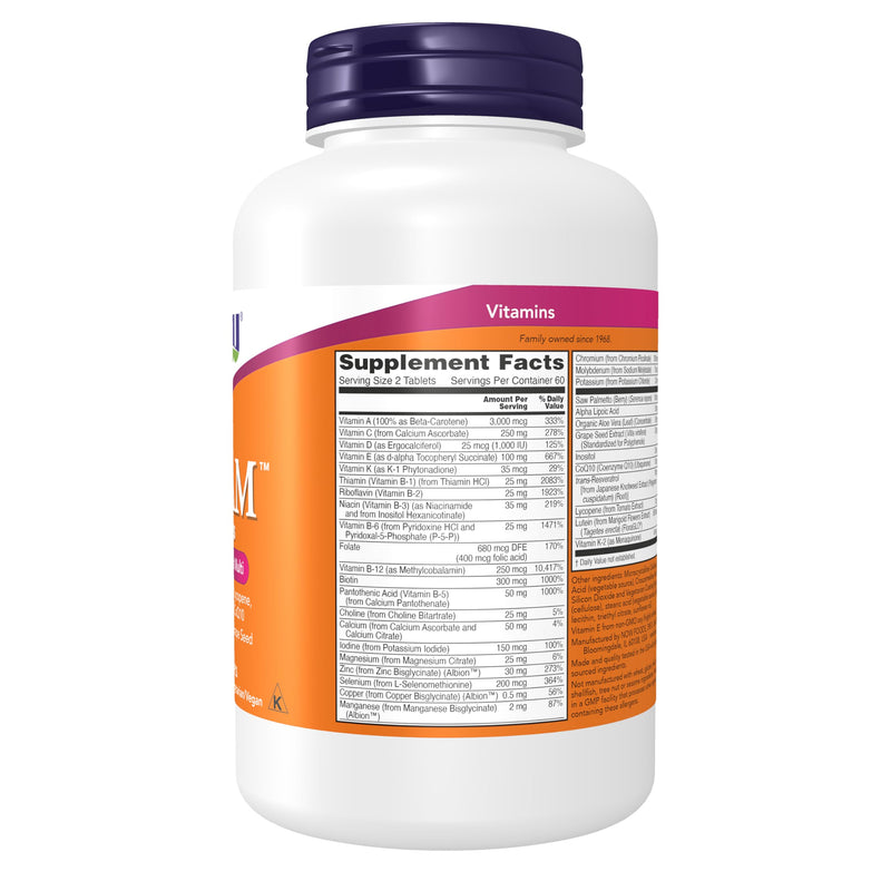 NOW Foods Supplements, ADAM™ Men's Multivitamin with Saw Palmetto, Lycopene, Alpha Lipoic Acid and CoQ10, Plus Natural Resveratrol & Grape Seed Extract, 120 Tablets 120 Count (Pack of 1)