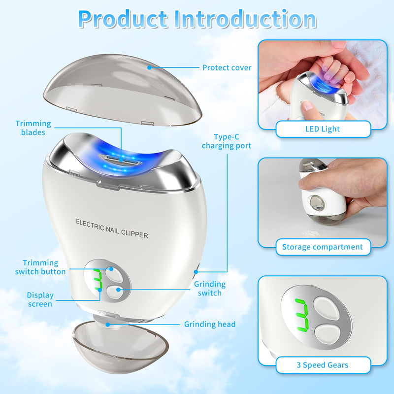 Automatic Electric Nail Clipper, 2 in 1 Baby Nail Trimmer with LED Light & Storage Box, Safe Nail File for Baby, Kids, Adults, Seniors, Rechargeable Portable Fingernail Cutter with 3 Speed Gears White - BeesActive Australia