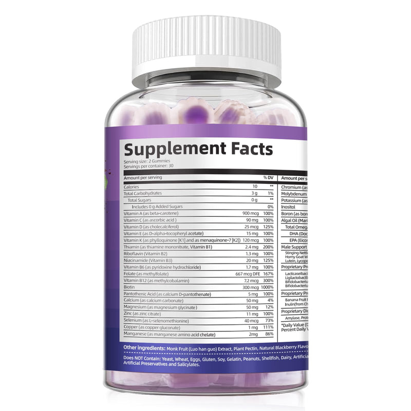 Multivitamin for Men, Mens Multivitamins Gummies w/Omega-3, Probiotics, Inositol, Folate, Biotin, Zinc, Vitamins A, C, D, E, B, - Support Heart, Brain, Muscle, Energy, Sugar-Free, Blackberry Flavor 60 Count (Pack of 1)
