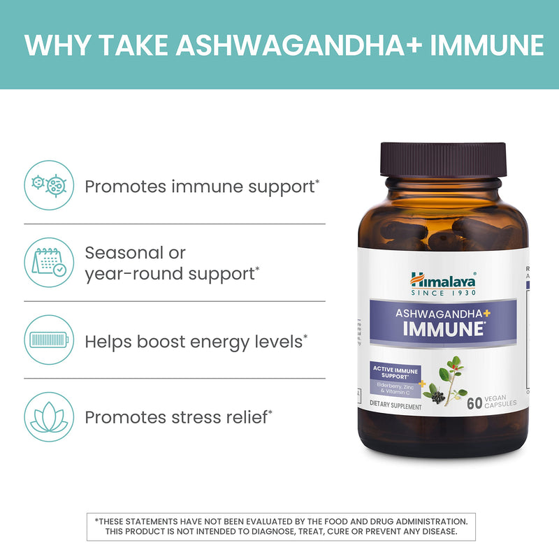 Himalaya Ashwagandha + Immune Herbal Supplement, 960 mg, 60 Capsules | Herbal Immune Support Supplement with Vitamin C, Zinc, Elderberry & Amla for Immunity - Vegan, Non-GMO, Gluten Free Ashwagandha+ Immune