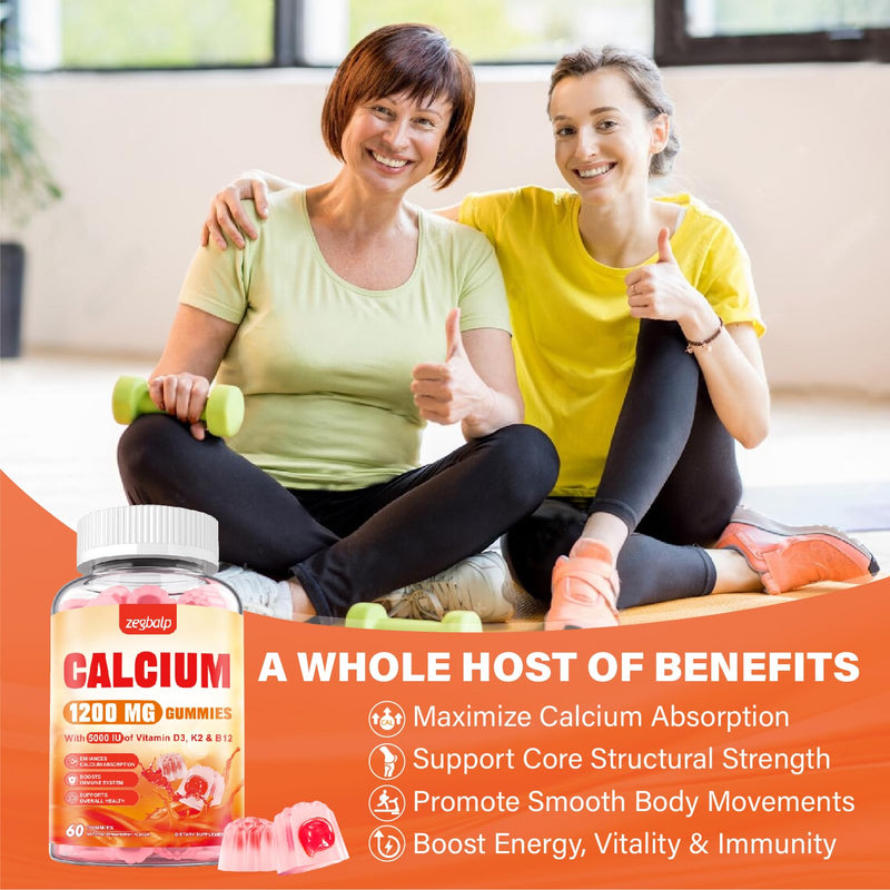 Calcium 1200 mg with Vitamin D3 Supplement for Adults - Calcium Gummies | Vitamin D3 5000IU, K2, B12 - Extra Absorption Calcium Citrate for Women Men - Natural Strawberry Flavor, 60 Gummies 60 Count (Pack of 1)