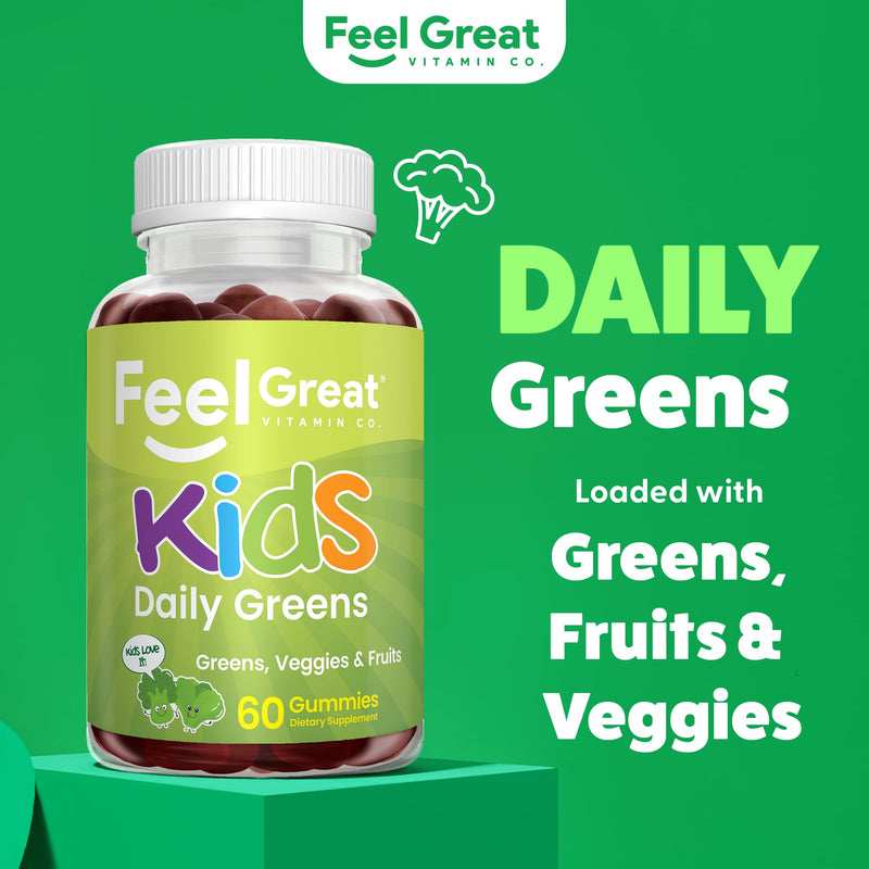 Feel Great Super Green Gummies for Kids | Fruit and Vegetable Gummies | Vegan Veggie Gummy Multivitamin for Kids | Veggie Fiber Supplement | 60 Count | Kale, Broccoli & Veggie Blend, Natural Fiber, Watermelon Flavor, Immune Support Gummy for Kids