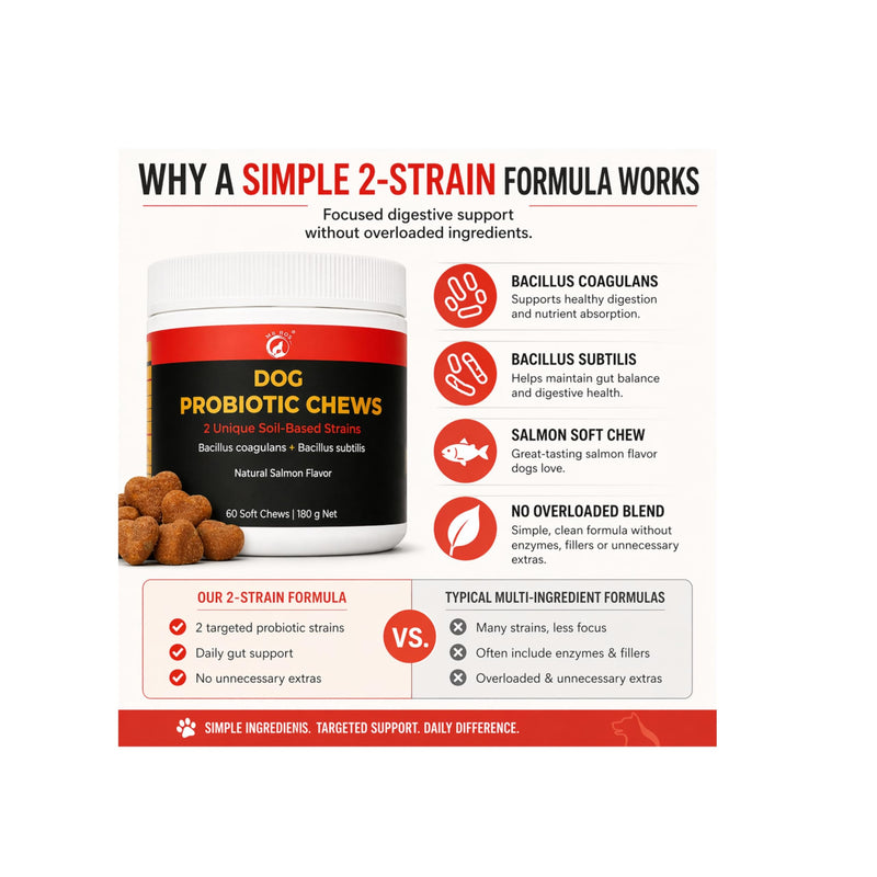 Dog Probiotic Chews – Gut Health & Digestive Support for Dogs – 2 Unique Soil-Based Probiotic Strains – Vet Formulated Salmon Soft Chews – 60 Chews