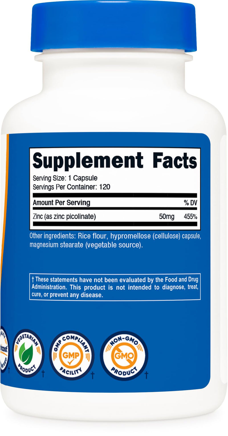 Nutricost Zinc Picolinate 50mg, 120 Vegetarian Capsules, Gluten-Free | GMO-Free 120 Count (Pack of 1)