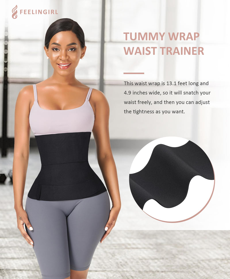 FeelinGirl Waist Trainer for Women Bandage Wrap Trimmer Belt Long Torso Tummy Wraps Belly Body Shaper Waist Trimmer Belt Aa/Black - One Size