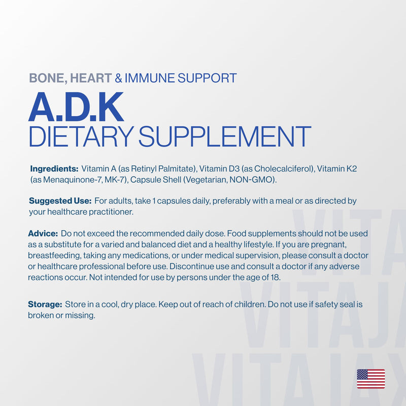 ADK - Vitamin ADK Supplement, 90 Capsules - High Potency Vitamin A, D3 (5,000 IU) K2 as MK-7 for Bone, Heart & Calcium Absorption – Non-GMO, Gluten Free (3 Month Supply) 90 Count (Pack of 1)
