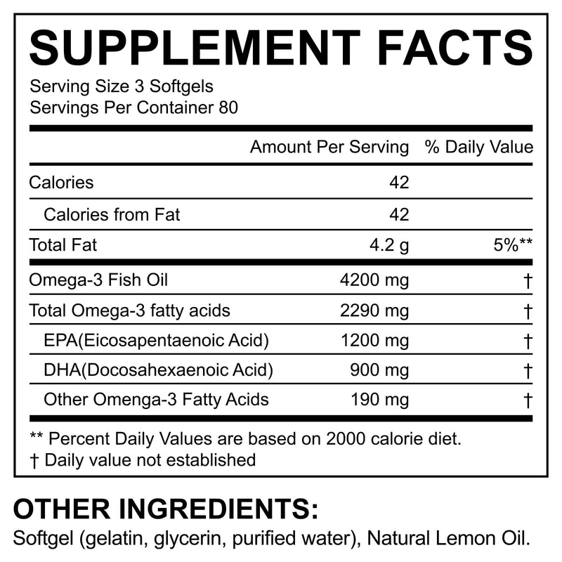 Omega-3 Fish Oil, Lemon Flavor 240 Softgels 4200mg Omega 3 Supplements with 1200mg EPA & 900mg DHA, Wild Caught ﻿