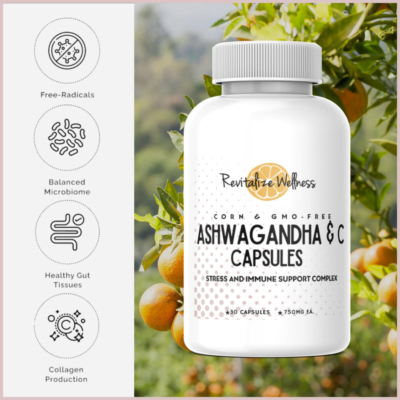 Ashwagandha + Vitamin C Capsules | Stress and Immune Support Complex | with 550 mg Ashwagandha and 200 mg Vitamin C per Serving | 30 Servings