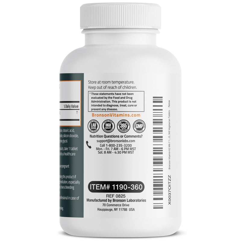 Bronson Vitamin K2 MK-7 100 mcg, K2 as MK7 Menaquinone, 360 Tablets | Helps Transport Calcium to Bones, Biologically Active Longer than Vitamin K1, Non-GMO, Gluten-Free & Soy-Free Unflavored 360 Count (Pack of 1)