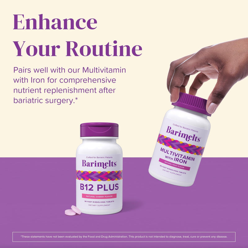 BariMelts Vitamin B12 Plus, 90 Fast-Dissolving Tablets (3-Month Supply), Sugar-Free Bariatric Vitamins for Women, Includes B12, B6, Folate and Biotin, Natural Cherry Flavor 90 Count (Pack of 1)