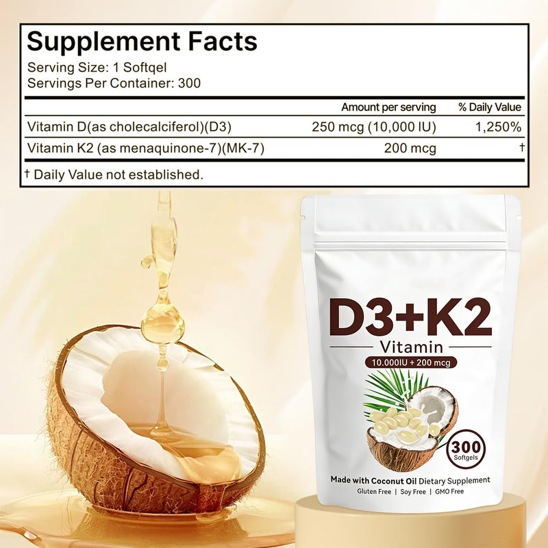 wuliao Vitamin D3 K2 10,000 IU – 2-in-1 D&K Complex with Vitamin K2 (MK-7), Supports Bone & Calcium Absorption, Immune Support, Non-GMO, 300 Softgels (1 Pack) 300 Count (Pack of 1)