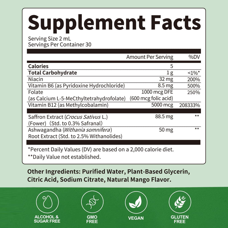 Methylated B Complex Liquid Drops for Energy & Focus Support, 2 Fl Oz | Active B Vitamins with L-5-MTHF Folate, Methylcobalamin B12 & B6, Vegan Mango Flavor 2 Fl Oz (Pack of 1)