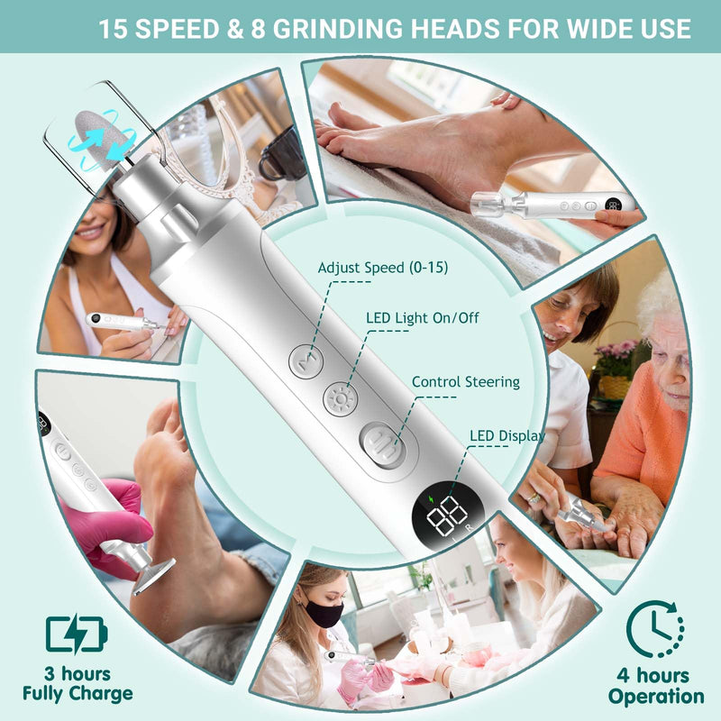 Electric Foot Callus Remover for Feet,15 Speed Adjustable Pedicure Tools for Feet with LED Display, 2 in 1 Nail Drill Foot File, Rechargeable Electric Foot Scrubber for Dead Skin and Thick Toenail