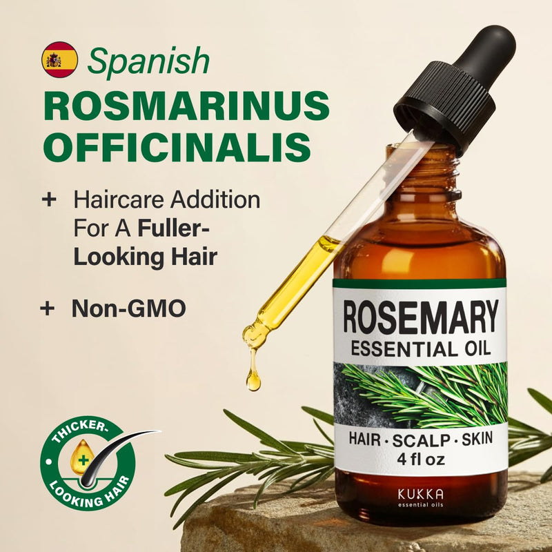 KUKKA Rosemary Essential Oils - 4 Fl Oz - for Hair, Skin, Diffuser, Aromatherapy & DIY Soap Making Scent 4.00 Fl Oz (Pack of 1)