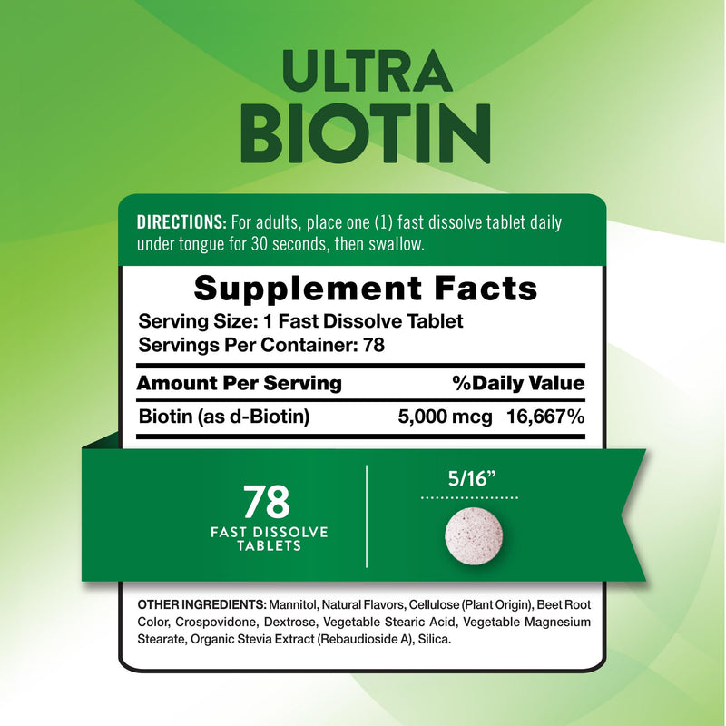 Nature's Truth Biotin | 5000mcg | 78 Fast Dissolve Tablets | Natural Berry Flavor | Vegan, Non-GMO & Gluten Free 78 Count (Pack of 1)
