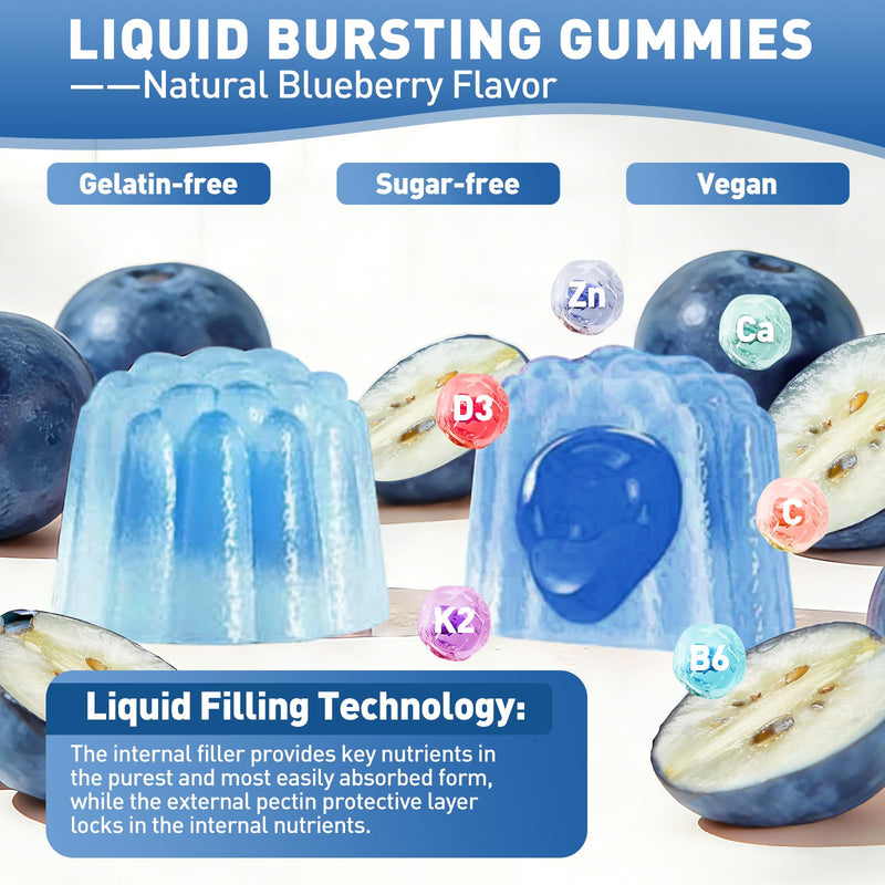 2-Pack Vitamin D3 K2 Gummies, D3 K2 Vitamin 10,000 IU & 200 MCG Supplement | Complex Calcium Citrate Zinc Vitamin C B6, Sugar-Free Vitamin D Supplement for Bones & Immune Support, 60 Blueberry Gummies 60 Count (Pack of 2)